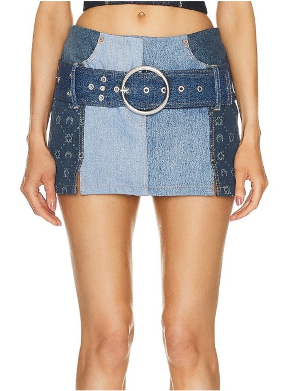 Marine Serre Monogram Denim Jean Patchwork Cotton Circle Belt Mini Skirt Blue
